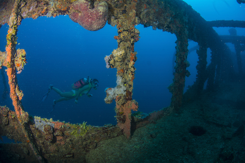 Diver looks at the starboard deck area